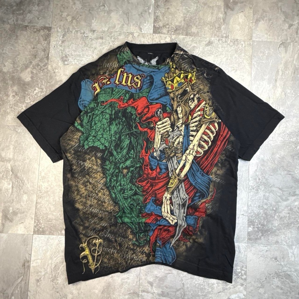 Vintage Black Apprime AOP Skeleton Soldier Graphic T Shirt Large